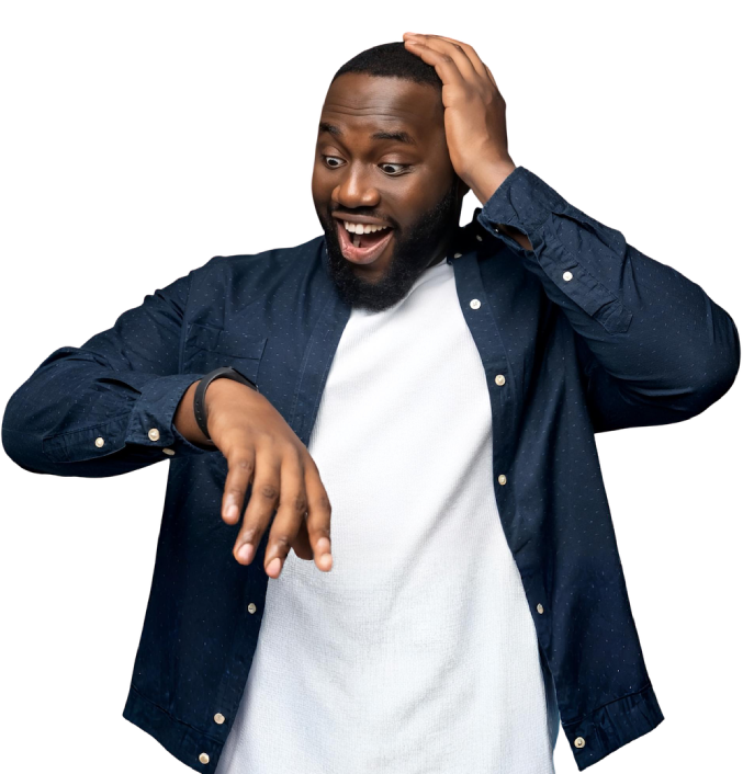 Man looking at his watch with a surprised expression.