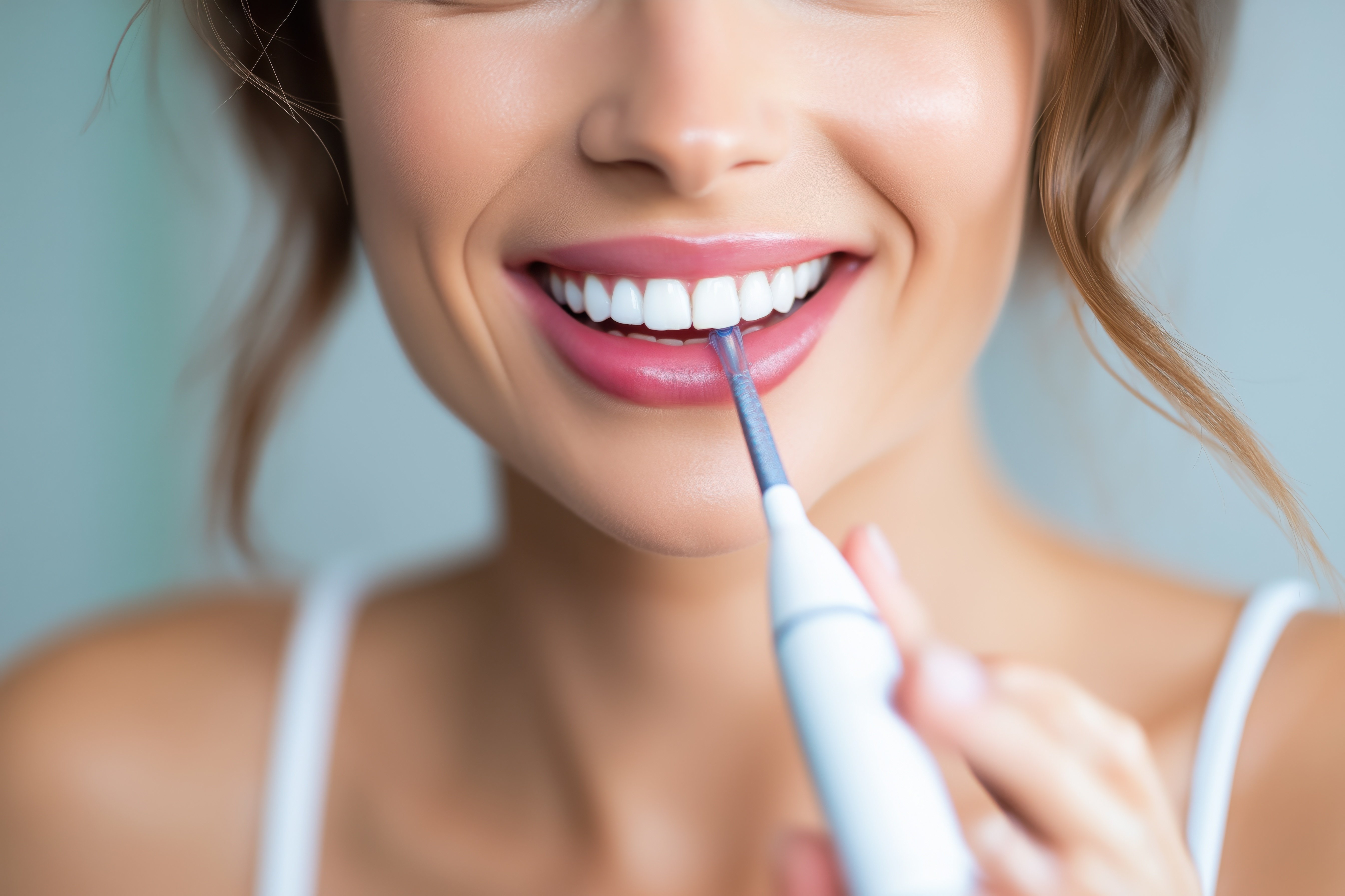 Close up shot of a woman using a WaterPik