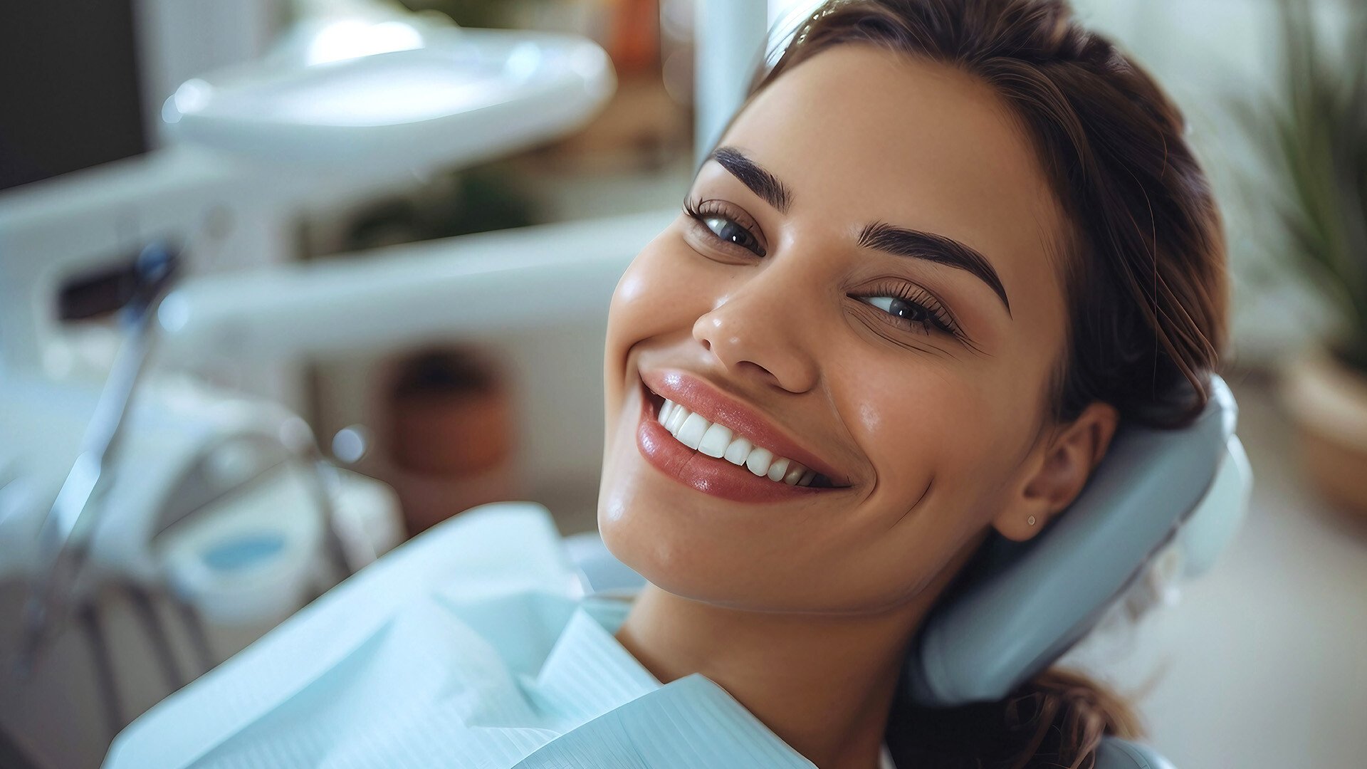 Close up shot of a beautiful woman smiling at a dentist appointment 